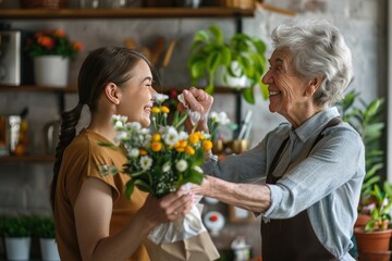 A woman is holding a bouquet of flowers and laughing with a young girl. Scene is happy and joyful. Mother's day concept