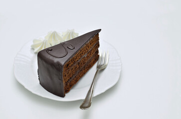 Piece of Sacher torte with Whipped cream on white Plate