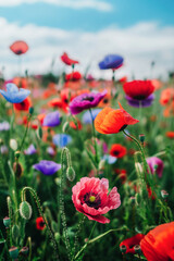 Bright coloured meadow flowers  closeup and a blue sky, srping season floral background. - obrazy, fototapety, plakaty