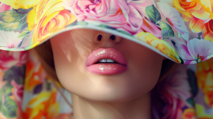 female lips with shiny gloss under vibrant floral print hat with elegant style, summer fashion style - obrazy, fototapety, plakaty