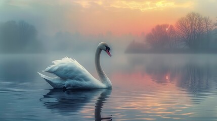 Graceful White Swan with long feathers glides serenely across the calm surface of a lake.