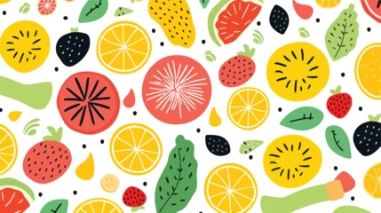 Poster A vibrant pattern of fruits like pineapples kiwis a © Mishi