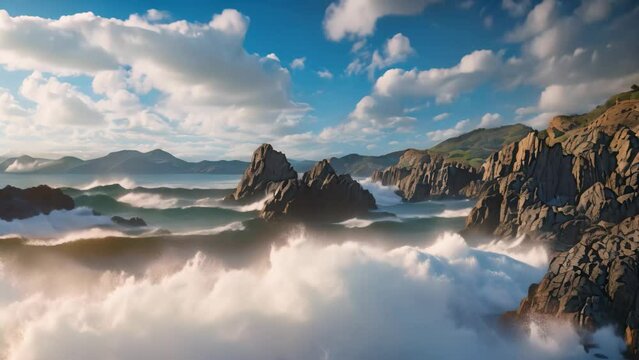 Beautiful seascape with waves crashing against the rocks on a sunny day, A Rocky Beach landscape view with rough sea waves and beautiful sky, AI Generated