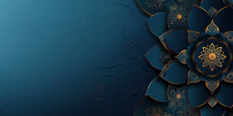 Ramadan Kareem greeting card with golden Islamic Arabic arabesque, banner