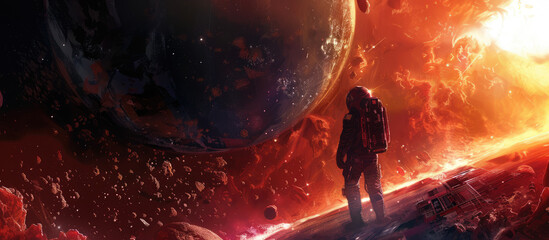 An epic scene depicting an astronaut facing the vastness of space as a massive fiery storm rages in the background