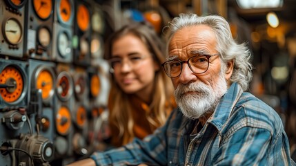 Focused Elderly Man With Glasses And White Beard Accompanied By A Young Woman - obrazy, fototapety, plakaty