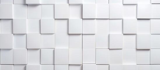 A close up of a white rectangular tile wall with a pattern of grey squares creating symmetry and parallel lines resembling a brick layout