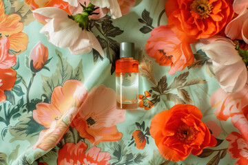beauty serum in a transparent bottle on a flower print cloth with poppies
