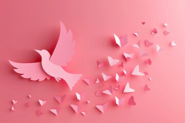 A pink bird is flying through a pink cloud of paper butterflies. Concept of freedom and joy, as the bird soars through the sky while the butterflies follow in its wake. Mother's day concept