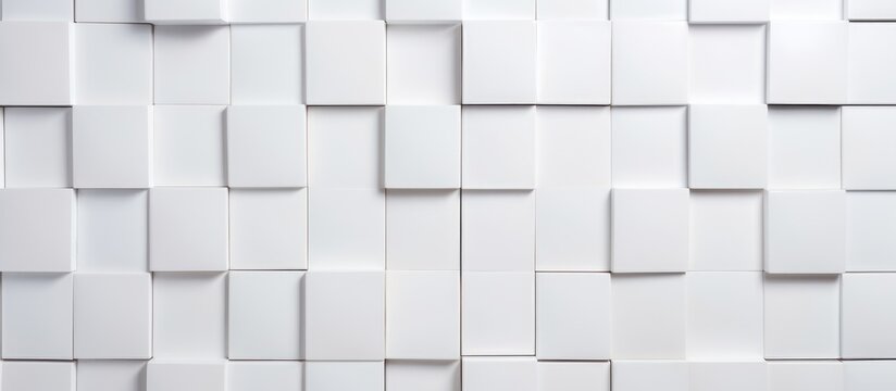 A close up of a white rectangular tile wall with a pattern of grey squares creating symmetry and parallel lines resembling a brick layout