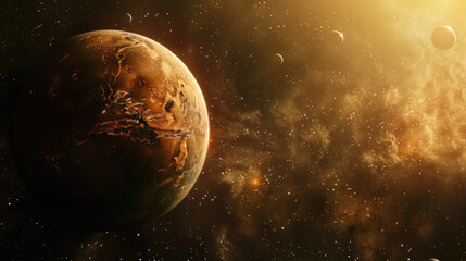 A cosmic image featuring a planet with a golden square blocking details, set against a starry backdrop