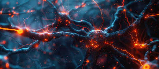 Illustration of active neural connections in a human brain, depicting synapses and neural pathways - obrazy, fototapety, plakaty