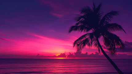 A breathtaking view of a vibrant sunset sky over the ocean with a silhouette of a palm tree leaning towards the sea
