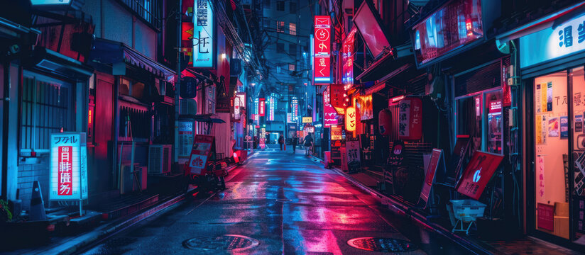 Fototapeta A bustling Tokyo alley illuminated by vivid neon signs and lights reflecting on the wet street surface, capturing the lively night scene in Japan's capital