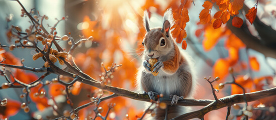 A serene image of a squirrel gracefully balanced on a branch,embedded in nature's autumn art