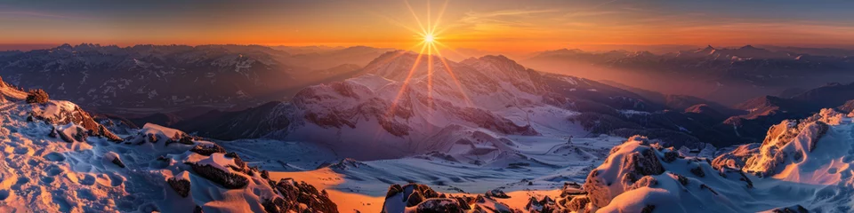 Foto op Canvas A panoramic perspective showcasing the soft glow of sunrise over snow-capped alpine mountains, conveying purity © Mik Saar