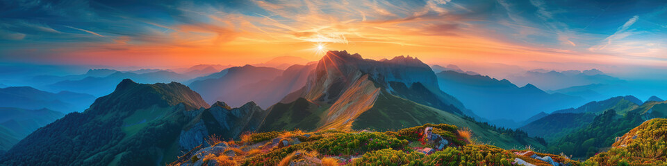 Expansive panoramic image capturing the vibrant colors of sunrise over a breathtaking mountain landscape - obrazy, fototapety, plakaty
