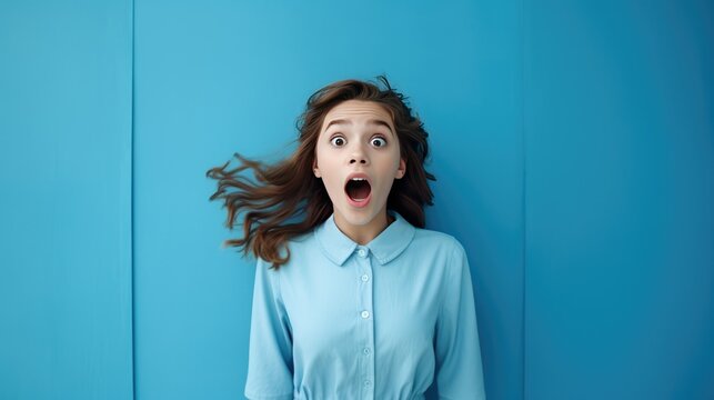A surprised young girl, excitedly opens her mouth, stands on a blue background. Long beautiful hair is developing.
