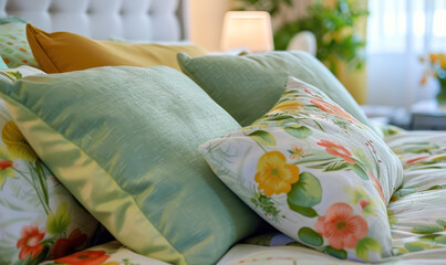 floral print pillows on bed with lime green color theme