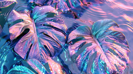 holographic monstera leaves with glitter floating in water