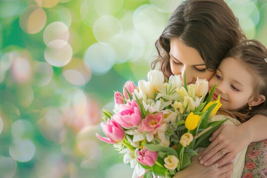 A woman and a child are hugging each other while holding a bouquet of flowers. Scene is warm and loving, as the woman. Mother's day concept