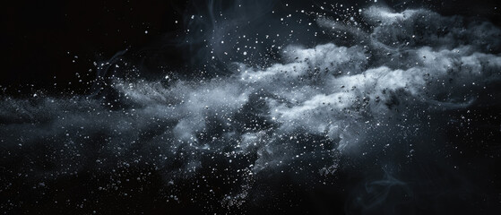 A captivating monochrome image capturing a cloud of dust and shimmering light particles evoking a...