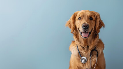 Golden retriever with stethoscope on light blue background. Banner concept for a veterinary clinic - Powered by Adobe