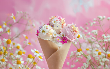 floral decorated ice cream cone with daisies and pink background