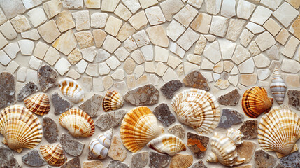 Coastal beach-style office, circular marble mosaic with a seashell pattern. Background sandy beige. - obrazy, fototapety, plakaty
