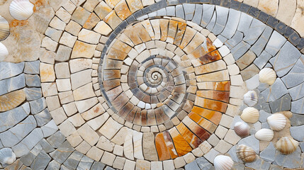 Coastal beach-style office, circular marble mosaic with a seashell pattern. Background sandy beige.