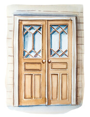 Old wooden doors illustartion.Watercolor entryway painting.