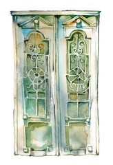 Old wooden doors illustartion.Watercolor entryway painting.