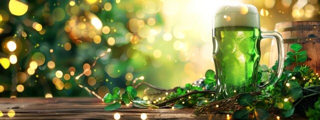 Glass with cold fresh green beer on wooden table on blurred background with golden lights. Oktoberfest and St. Patrick's day celebration in a pub or bar. Card, banner, poster, flyer with copy space - obrazy, fototapety, plakaty