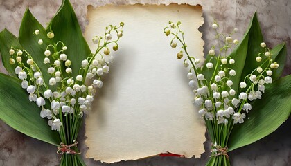 Lilies of the valley surrounding an old, yellowed sheet of paper. Romantic, spring, floral background with space for text - obrazy, fototapety, plakaty