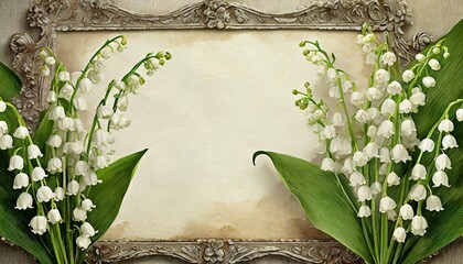 Konwalie otaczające starą, pożółkłą kartkę papieru. Romantyczne, wiosenne, kwiatowe tło z...