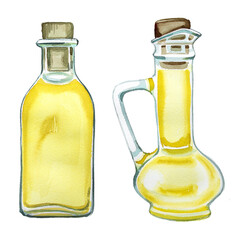 Oil bottle illustration isolated on white. Watercolor healthy oil painting. Olive or sunflower oil branding element.