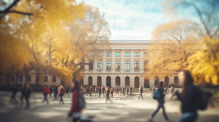 Students are passing by college building which stands amidst golden autumn foliage. Swift movement of the students creates a dynamic blur, conveying the energy of campus life during the fall season