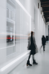 Blurred motion of busy office workers in a modern corporate environment
