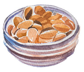 Peanuts in a bowl illustration. Watercolor snack concept clipart isolated on white.