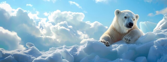 Large polar bear on ice. White bear on snowy background peeks out from a snowy den. Wildlife nature. Melting iceberg and global warming. Climate change concept - obrazy, fototapety, plakaty