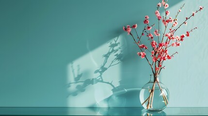 Glass vase with  blossoms flowers twigs on glass table near empty, blank turquoise wall. Home interior background with copy space.