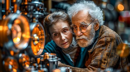 Fototapeta premium Elderly Man With A White Beard And Glasses Working On Machinery With A Woman