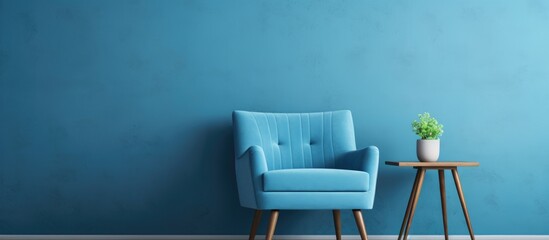 Blue chair in a room with grey walls and wooden floor with a table and shelf