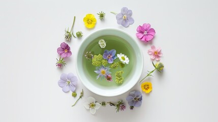 Obraz na płótnie Canvas Flat lay photograph of wildflowers on a white background and a cup of matcha tea in the center.