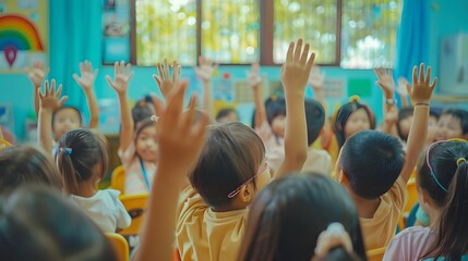 International Day of Education concept. Interactive classroom education. Students raise hands to...