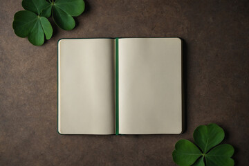 notebook with green leaves with copy space
