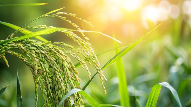 Selective focus on rice and green leaves. Rice plantation. Rice price in the world market concept. Rice diseases and agricultural pesticide concept. Paddy field. Plant cultivation. Fungal diseases.