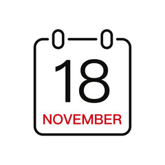 November 18 date on the calendar, vector line stroke icon for user interface. Calendar with date, vector illustration.