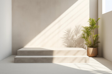 Modern, minimalistic podium bathed in natural sunlight, accompanied by potted green plants, suggesting a serene environment for presentations.