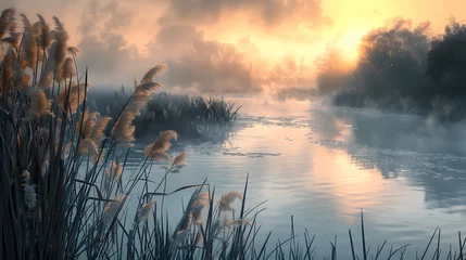 Fototapeten Beautiful serene nature scene with river reeds fog and water © Ziyan